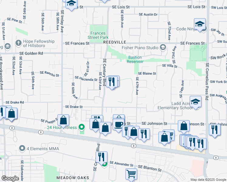 map of restaurants, bars, coffee shops, grocery stores, and more near 2000 Southeast Century Boulevard in Hillsboro