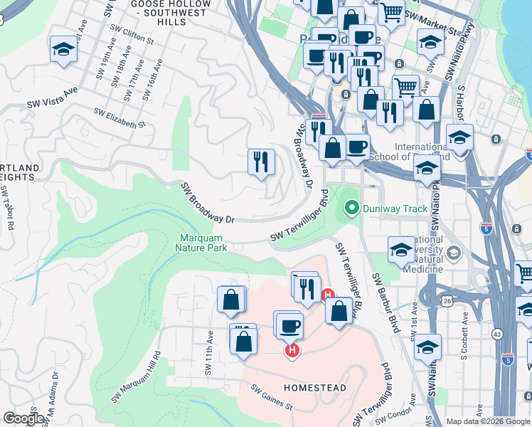map of restaurants, bars, coffee shops, grocery stores, and more near 859 Southwest Broadway Drive in Portland