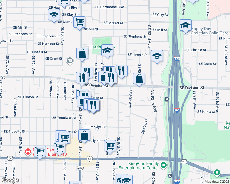 map of restaurants, bars, coffee shops, grocery stores, and more near 2533 SE 87th Ave in Portland