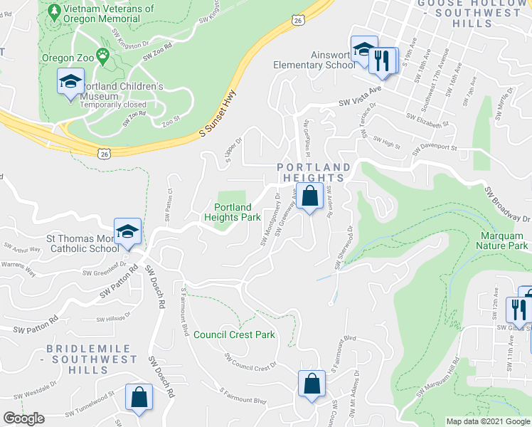 map of restaurants, bars, coffee shops, grocery stores, and more near 2752 Southwest Roswell Avenue in Portland