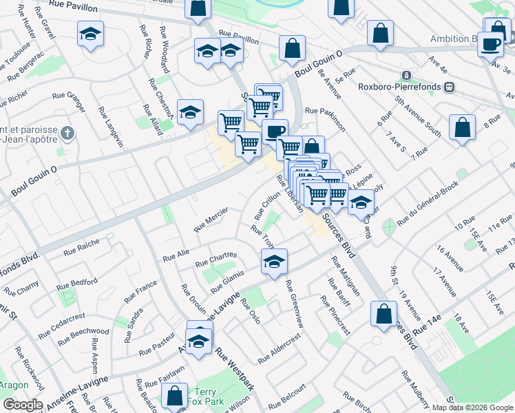map of restaurants, bars, coffee shops, grocery stores, and more near 36 Rue Crillon in Dollard-des-Ormeaux