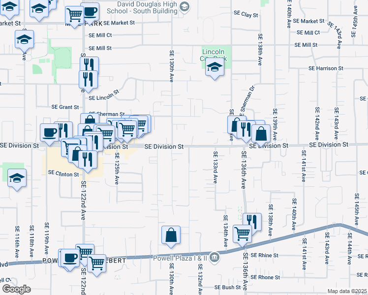 map of restaurants, bars, coffee shops, grocery stores, and more near 13042 Southeast Division Street in Portland