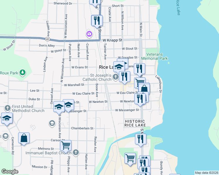 map of restaurants, bars, coffee shops, grocery stores, and more near 132 West Marshall Street in Rice Lake