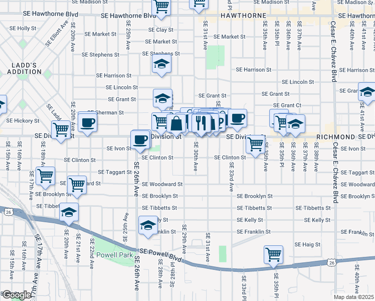 map of restaurants, bars, coffee shops, grocery stores, and more near 2606 Southeast 29th Avenue in Portland