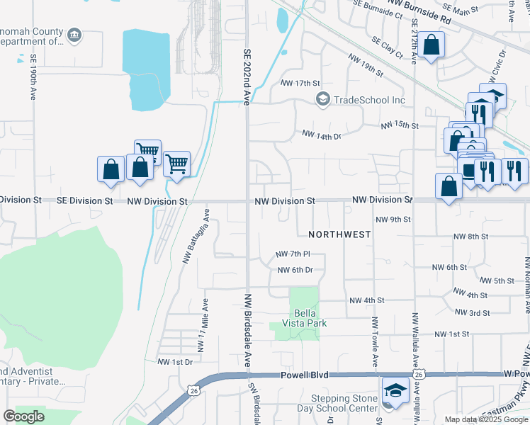 map of restaurants, bars, coffee shops, grocery stores, and more near 940 Northwest Wonderview Court in Gresham