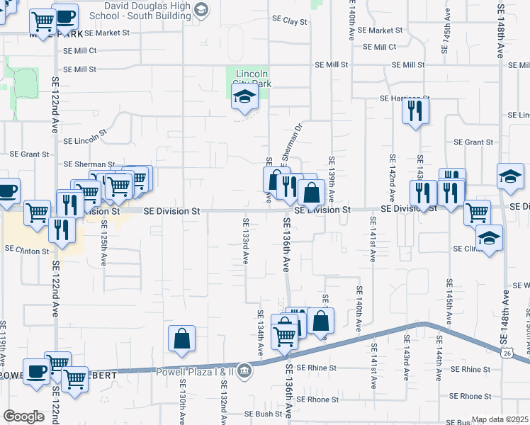 map of restaurants, bars, coffee shops, grocery stores, and more near 13434 Southeast Division Street in Portland