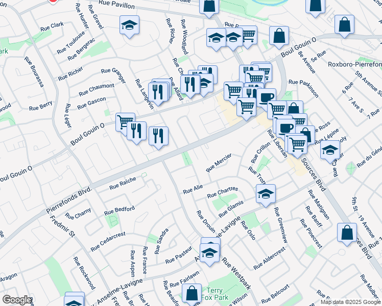 map of restaurants, bars, coffee shops, grocery stores, and more near 12210 Boulevard de Pierrefonds in Montréal
