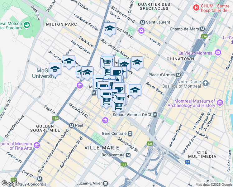 map of restaurants, bars, coffee shops, grocery stores, and more near 1235 Phillips Square in Montreal