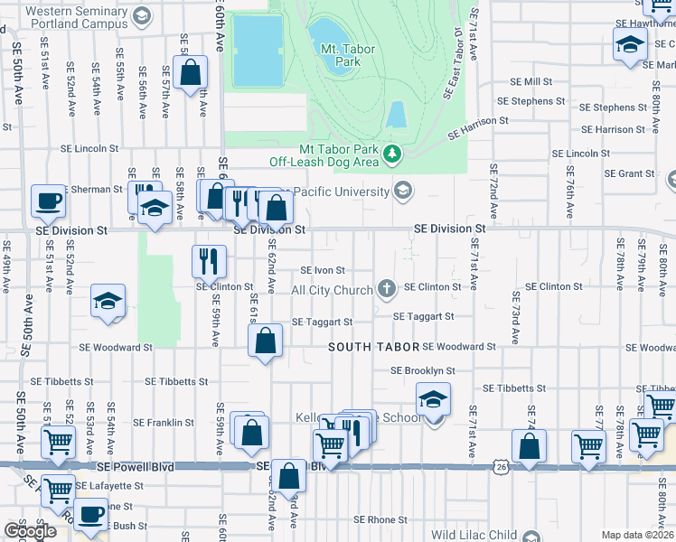 map of restaurants, bars, coffee shops, grocery stores, and more near 6522 Southeast Ivon Street in Portland