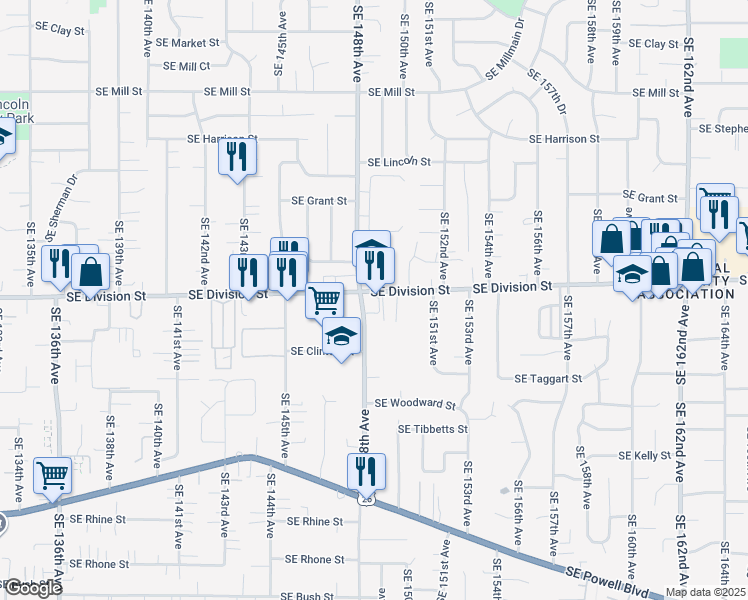 map of restaurants, bars, coffee shops, grocery stores, and more near 14952 Southeast Division Street in Portland