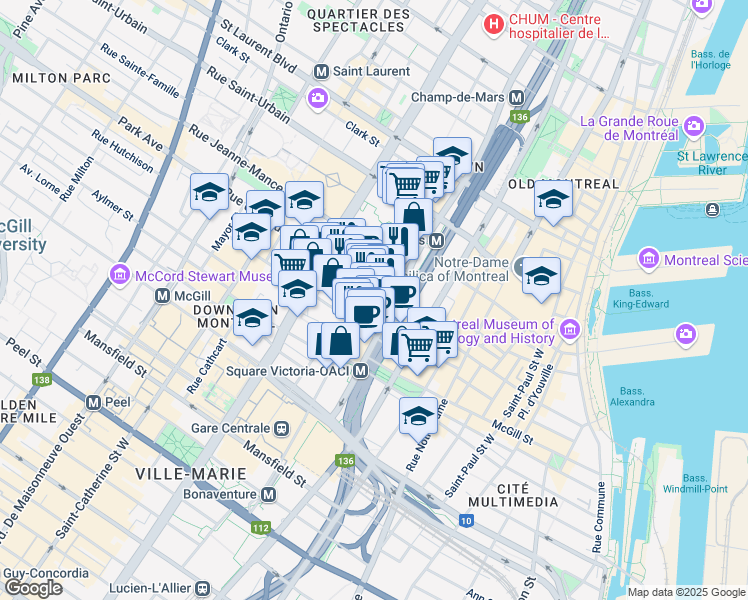 map of restaurants, bars, coffee shops, grocery stores, and more near 1030 Rue de Bleury in Montréal