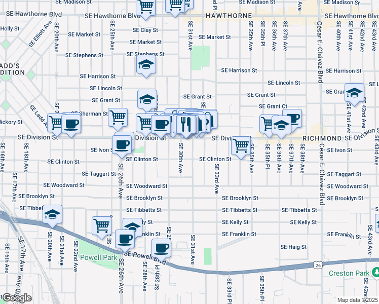 map of restaurants, bars, coffee shops, grocery stores, and more near 2553 Southeast 31st Avenue in Portland