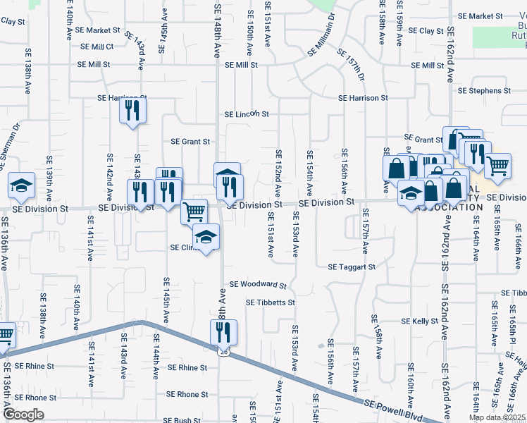 map of restaurants, bars, coffee shops, grocery stores, and more near 15040 Southeast Division Street in Portland