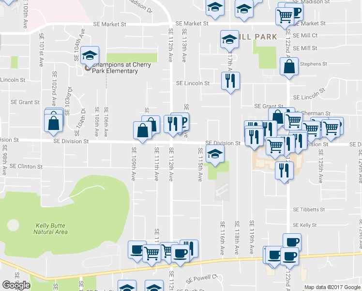 map of restaurants, bars, coffee shops, grocery stores, and more near 11240 Southeast Division Street in Portland