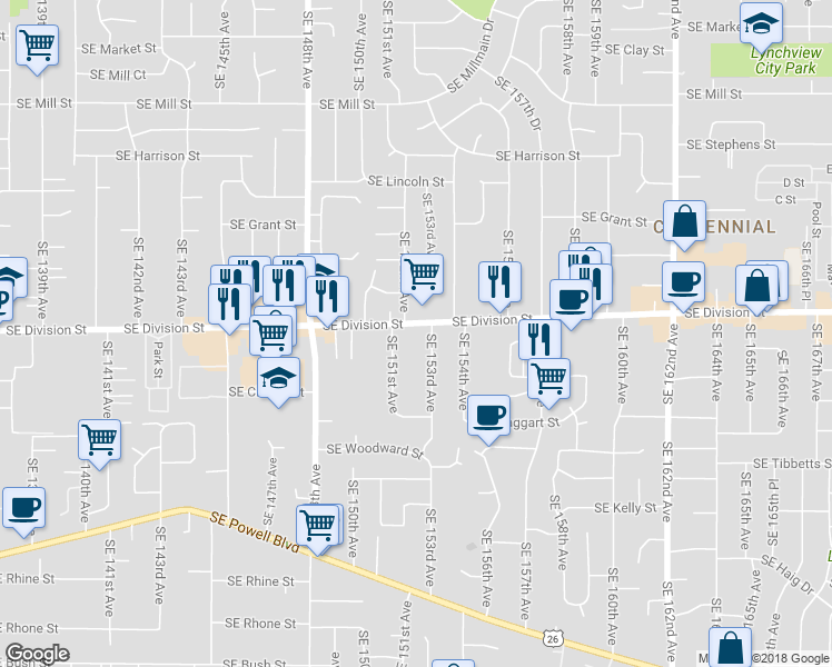 map of restaurants, bars, coffee shops, grocery stores, and more near 15216 Southeast Division Street in Portland