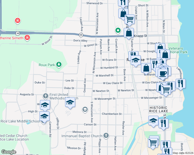 map of restaurants, bars, coffee shops, grocery stores, and more near 612 West Marshall Street in Rice Lake