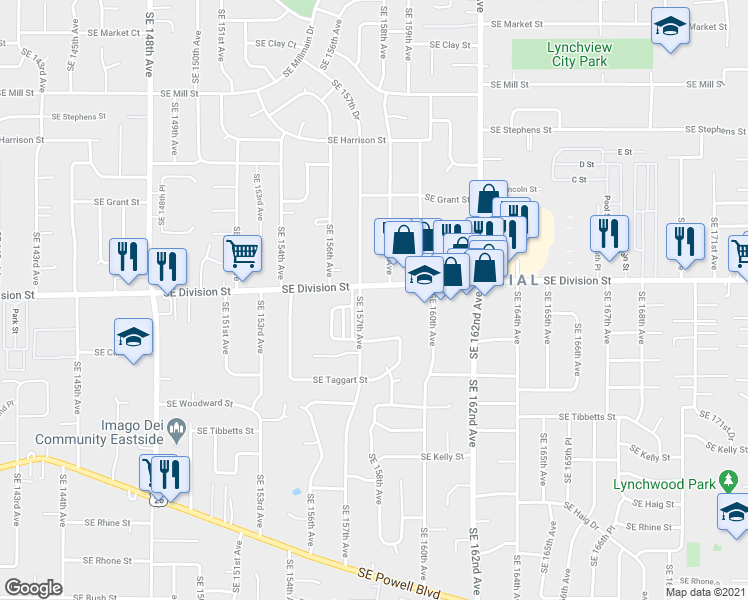 map of restaurants, bars, coffee shops, grocery stores, and more near 15758-15788 Southeast Division Street in Portland