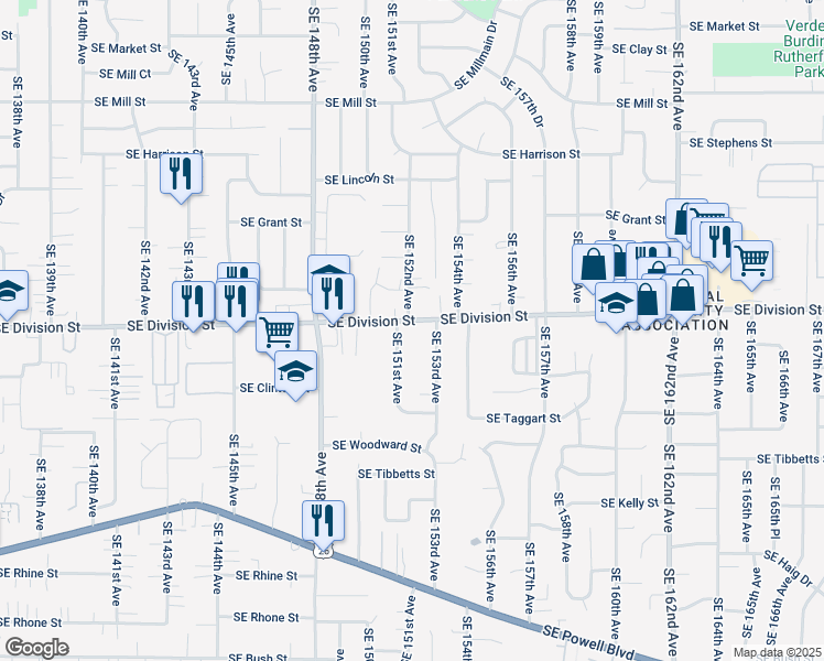 map of restaurants, bars, coffee shops, grocery stores, and more near 15216 Southeast Division Street in Portland