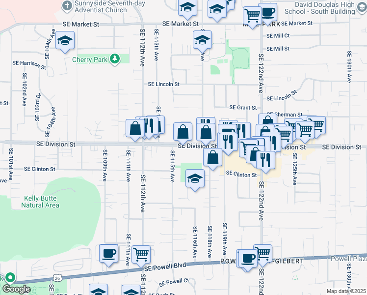 map of restaurants, bars, coffee shops, grocery stores, and more near 11612-11622 Southeast Division Street in Portland