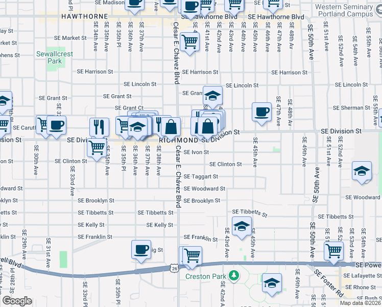map of restaurants, bars, coffee shops, grocery stores, and more near 3924 Southeast Ivon Street in Portland