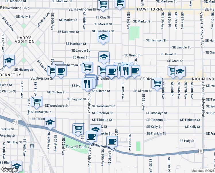 map of restaurants, bars, coffee shops, grocery stores, and more near 2603 Southeast 28th Place in Portland