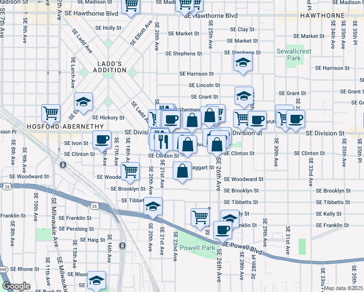 map of restaurants, bars, coffee shops, grocery stores, and more near 2605 Southeast 23rd Avenue in Portland