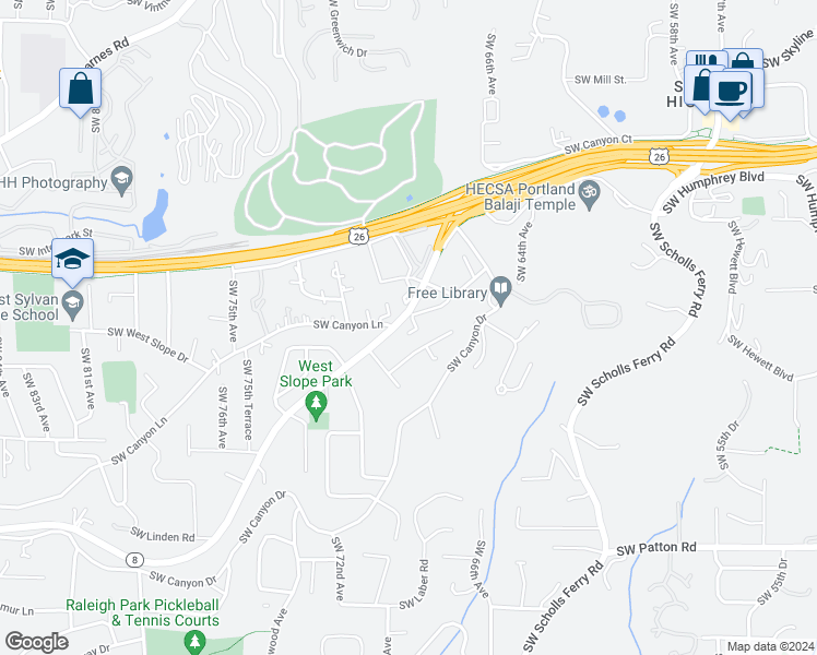 map of restaurants, bars, coffee shops, grocery stores, and more near 6900 Southwest Canyon Drive in Portland