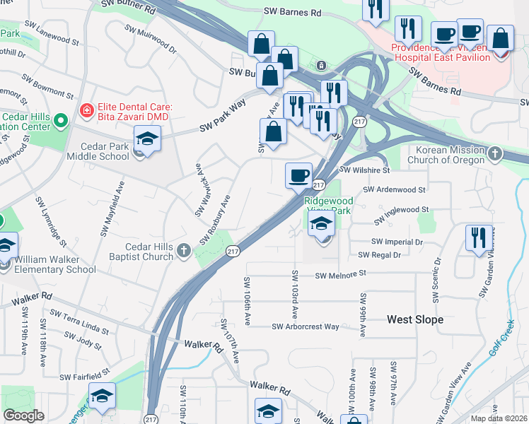 map of restaurants, bars, coffee shops, grocery stores, and more near 10480 Southwest Eastridge Street in Portland