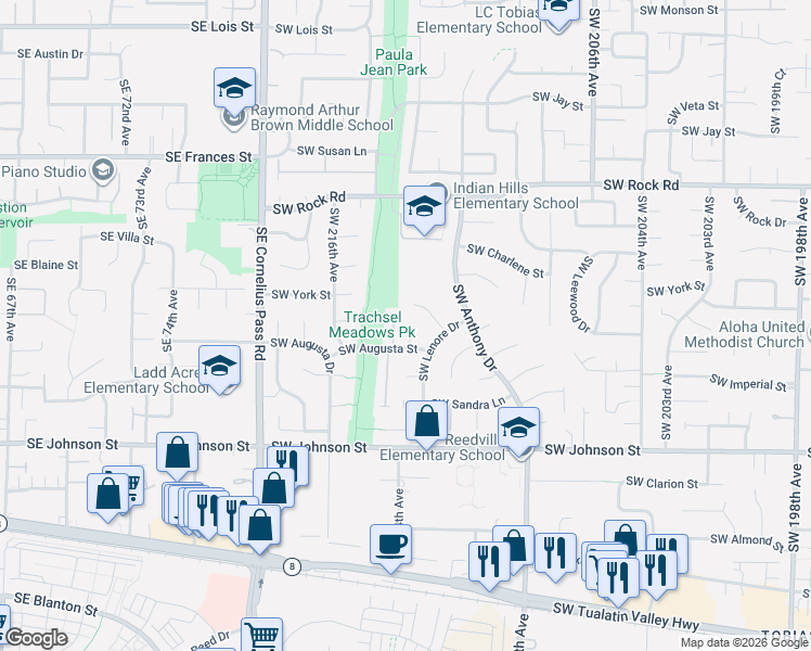 map of restaurants, bars, coffee shops, grocery stores, and more near 2181 Southwest 213th Place in Beaverton