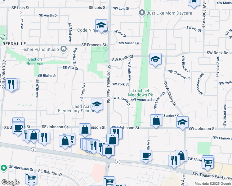 map of restaurants, bars, coffee shops, grocery stores, and more near 2184 SW 218th Pl in Aloha