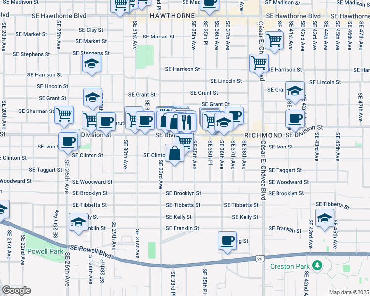 map of restaurants, bars, coffee shops, grocery stores, and more near 2600 Southeast 34th Avenue in Portland