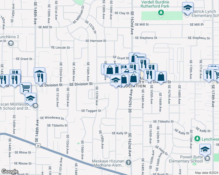 map of restaurants, bars, coffee shops, grocery stores, and more near 15812 Southeast Division Street in Portland