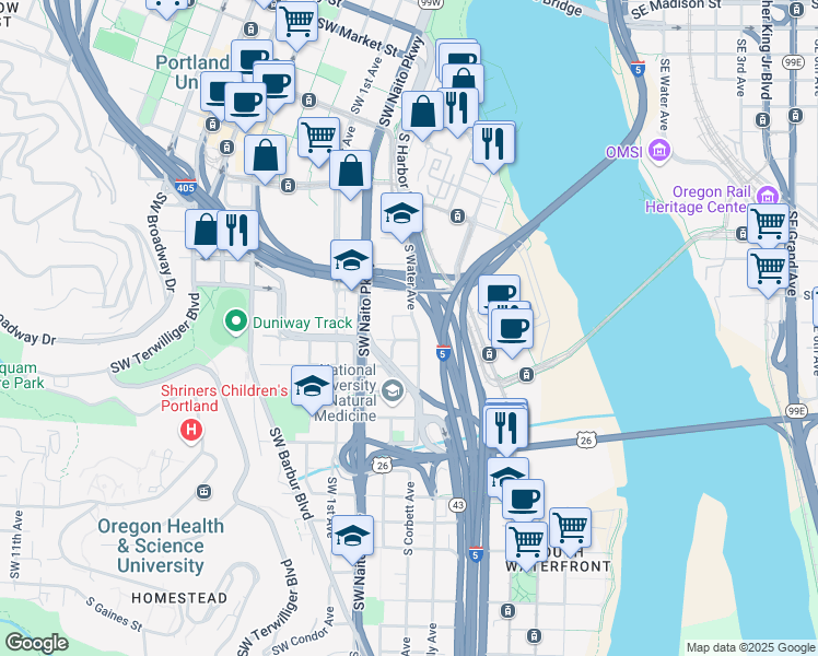 map of restaurants, bars, coffee shops, grocery stores, and more near 2613 South Corbett Avenue in Portland