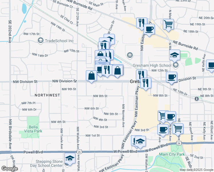 map of restaurants, bars, coffee shops, grocery stores, and more near 815 Northwest 9th Street in Gresham