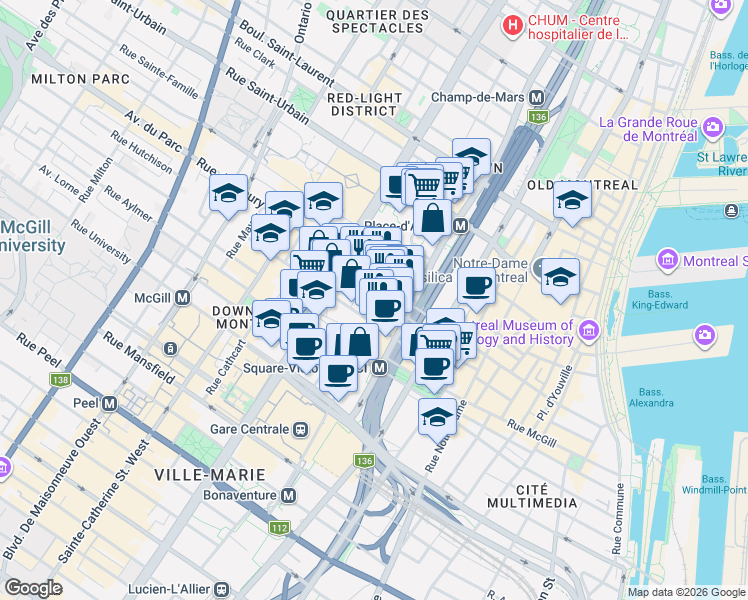 map of restaurants, bars, coffee shops, grocery stores, and more near 1070 Rue de Bleury in Montréal