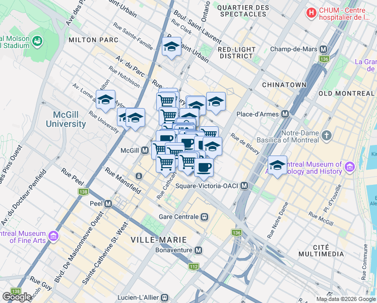 map of restaurants, bars, coffee shops, grocery stores, and more near 1205 Rue du Square-Phillips in Montréal