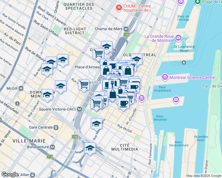 map of restaurants, bars, coffee shops, grocery stores, and more near 215 Rue Saint-Jacques in Montréal