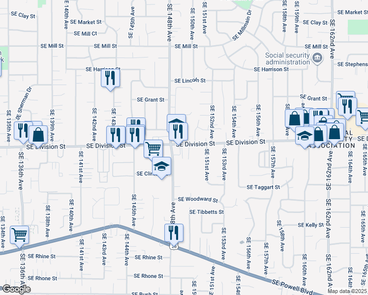 map of restaurants, bars, coffee shops, grocery stores, and more near 14952 Southeast Division Street in Portland