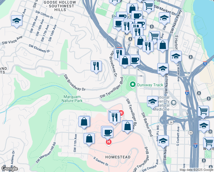 map of restaurants, bars, coffee shops, grocery stores, and more near 835 Southwest Broadway Drive in Portland