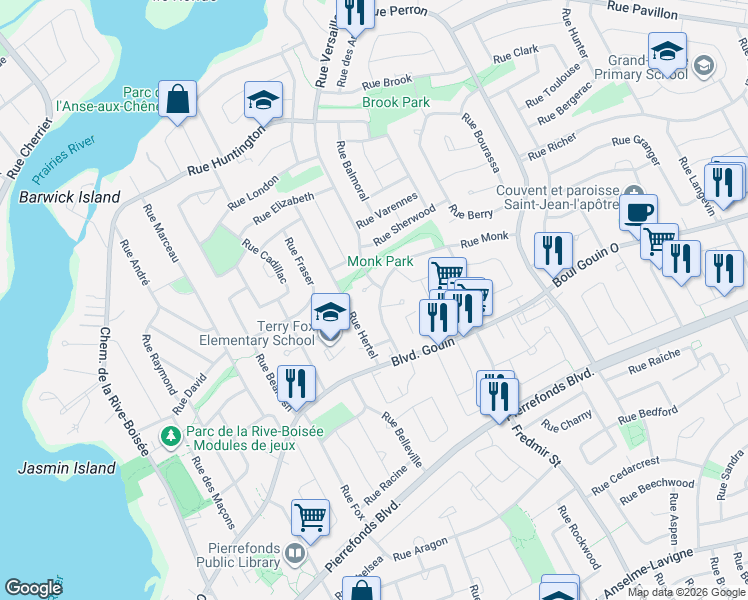 map of restaurants, bars, coffee shops, grocery stores, and more near 13115 Rue Monk in Montréal