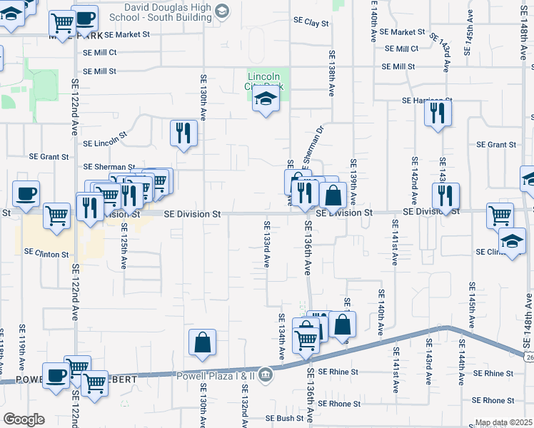 map of restaurants, bars, coffee shops, grocery stores, and more near Southeast Division Street & Southeast 133rd Avenue in Portland