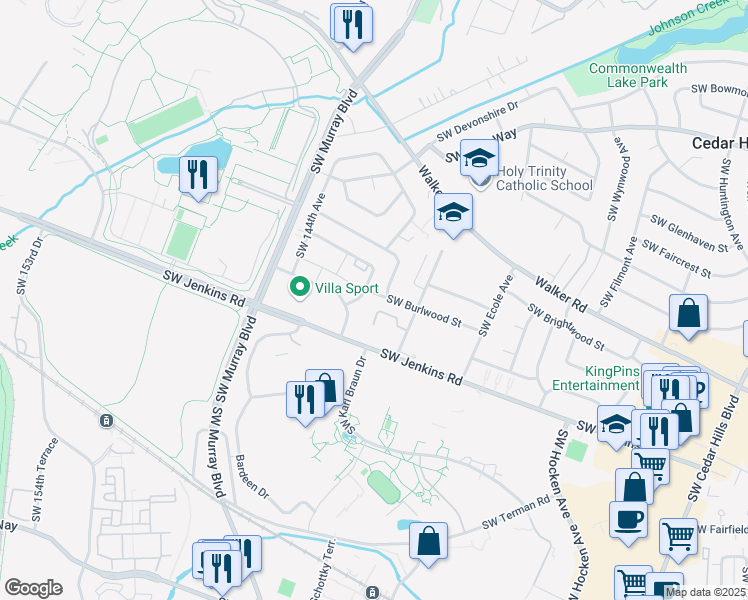 map of restaurants, bars, coffee shops, grocery stores, and more near 13960 Southwest Burlwood Street in Beaverton