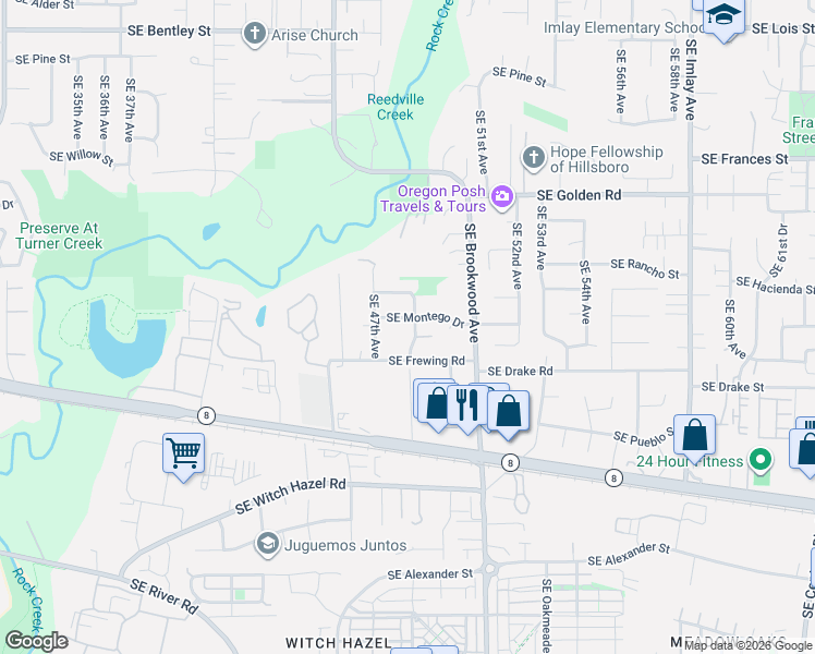 map of restaurants, bars, coffee shops, grocery stores, and more near 2117 Southeast 48th Avenue in Hillsboro