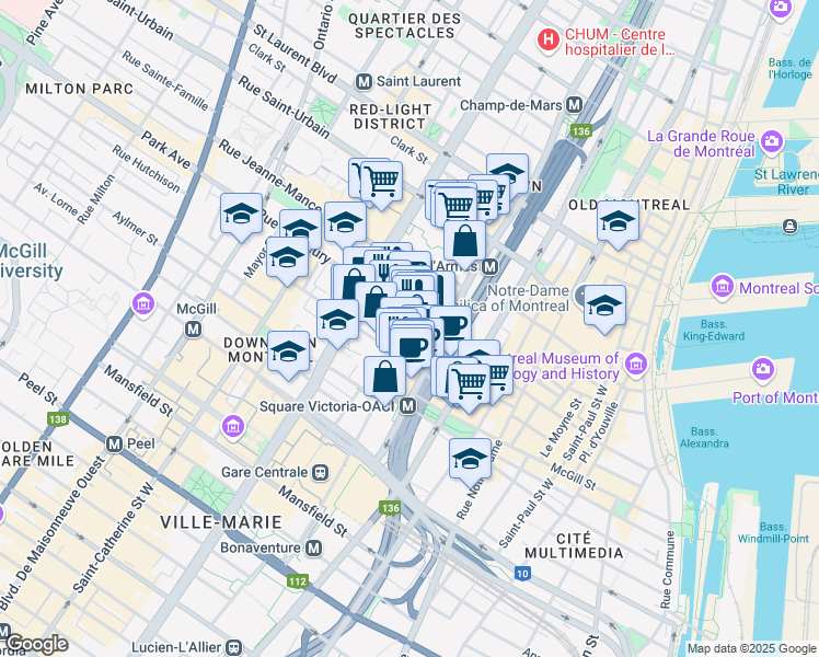 map of restaurants, bars, coffee shops, grocery stores, and more near 365 Rue De La Gauchetière Ouest in Montréal