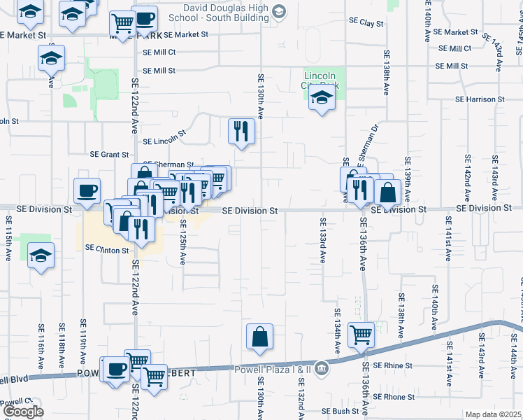 map of restaurants, bars, coffee shops, grocery stores, and more near SE Division St & SE 130th Ave in Portland