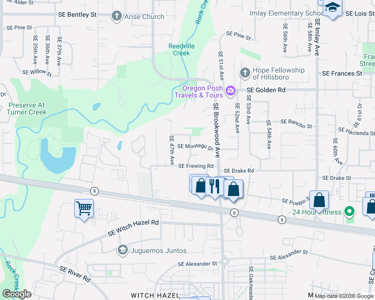 map of restaurants, bars, coffee shops, grocery stores, and more near 2117 Southeast 48th Avenue in Hillsboro