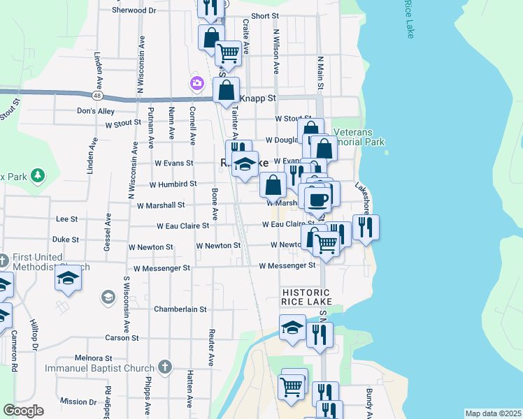 map of restaurants, bars, coffee shops, grocery stores, and more near 116 W Marshall St in Rice Lake