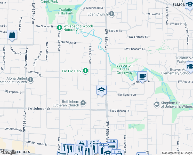 map of restaurants, bars, coffee shops, grocery stores, and more near 18638 Southwest Judith Lane in Beaverton