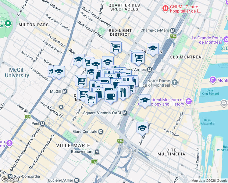 map of restaurants, bars, coffee shops, grocery stores, and more near 1097 Rue Saint-Alexandre in Montréal