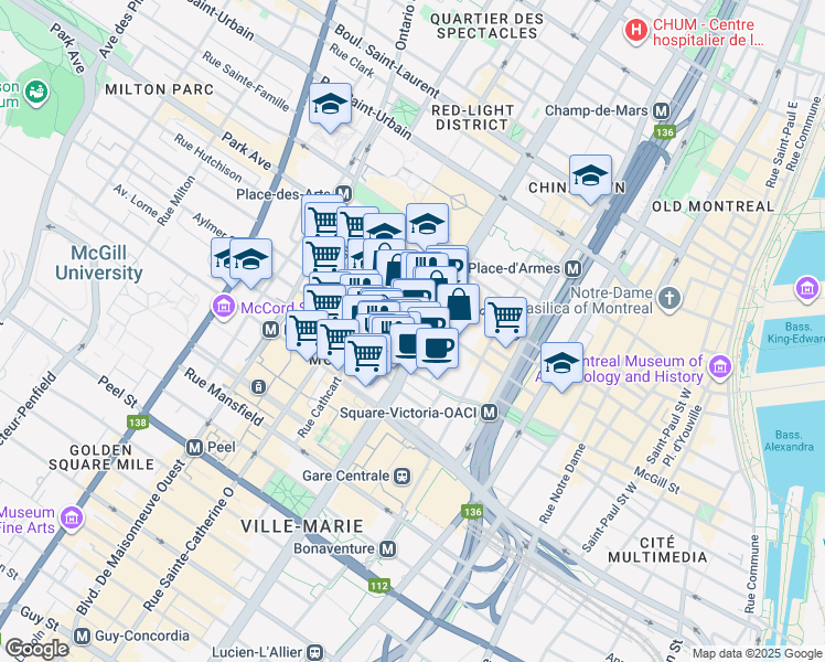 map of restaurants, bars, coffee shops, grocery stores, and more near in Montreal
